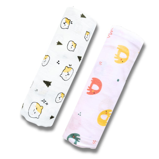 Lazytoddler Muslin Swaddle Printed Design (Teddy & Elephant)  Set of 2