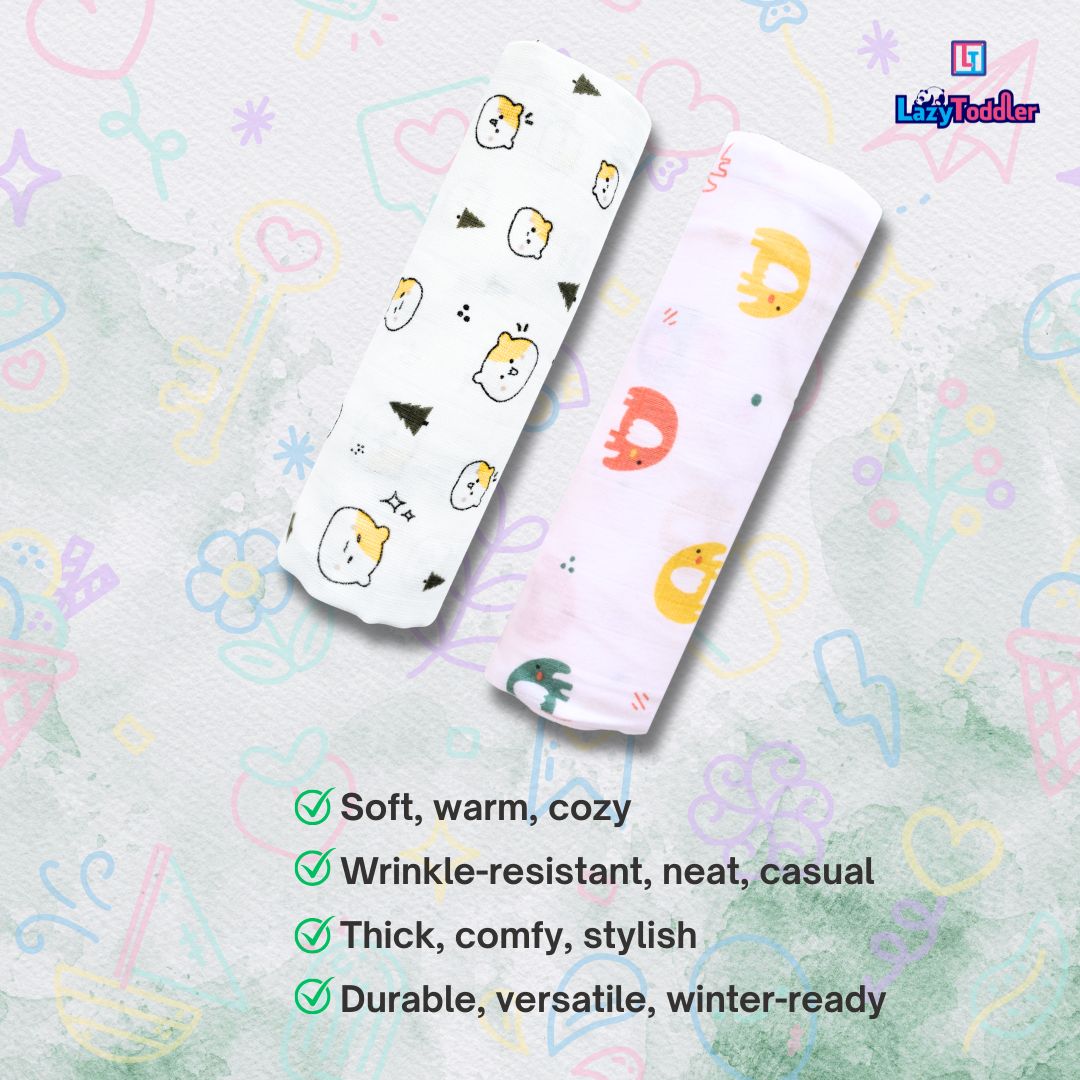 Lazytoddler Muslin Swaddle Printed Design (Teddy & Elephant) Set of 2
