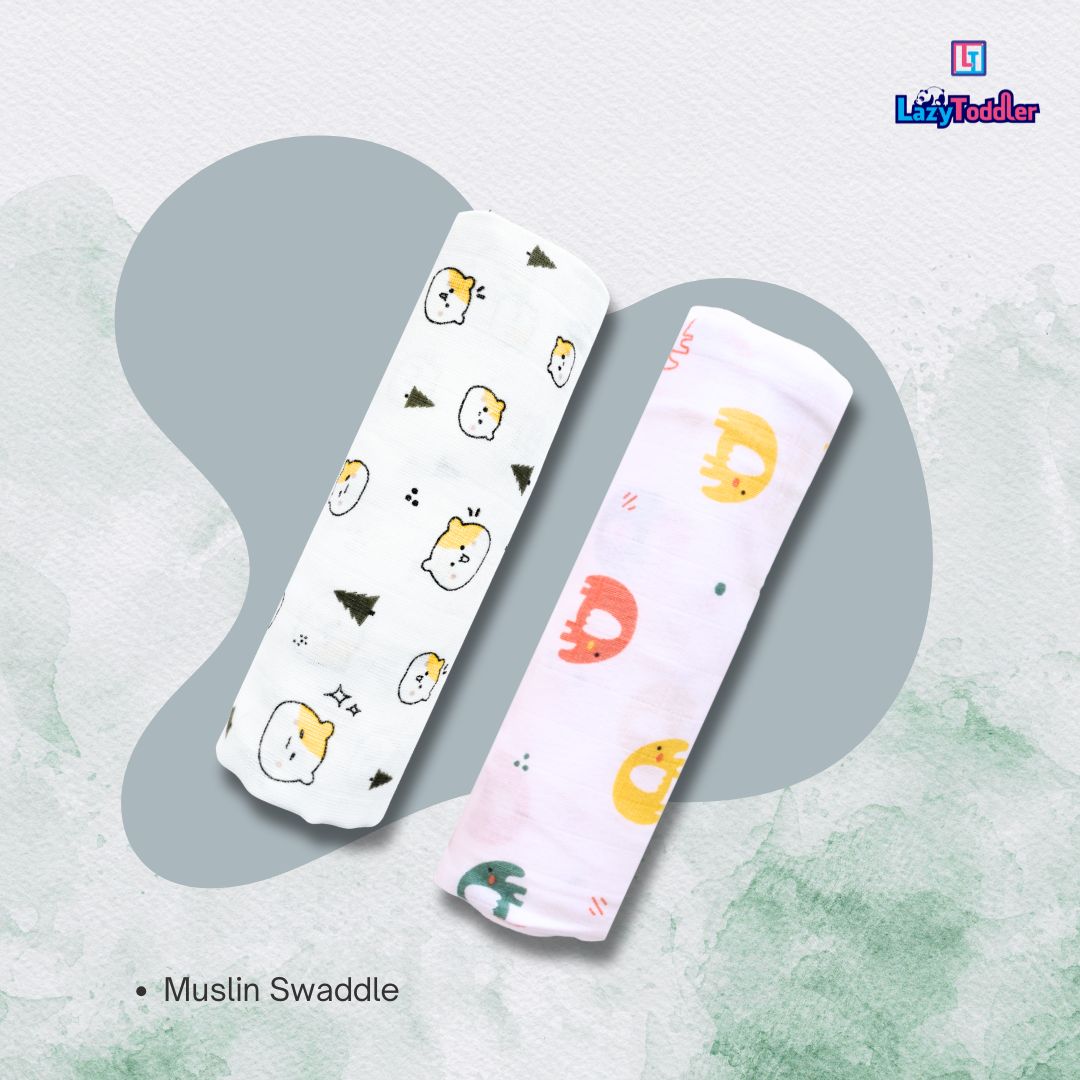 Lazytoddler Muslin Swaddle Printed Design (Teddy & Elephant) Set of 2