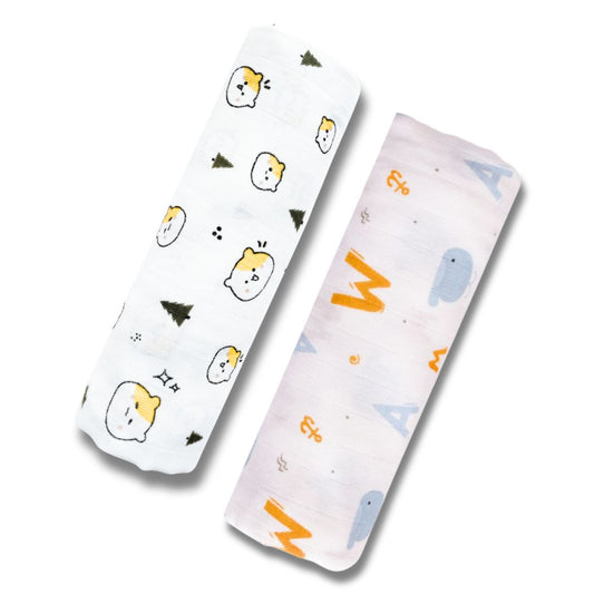 Lazytoddler Muslin Swaddle Printed Design (Teddy & Alphabet)  Set of 2