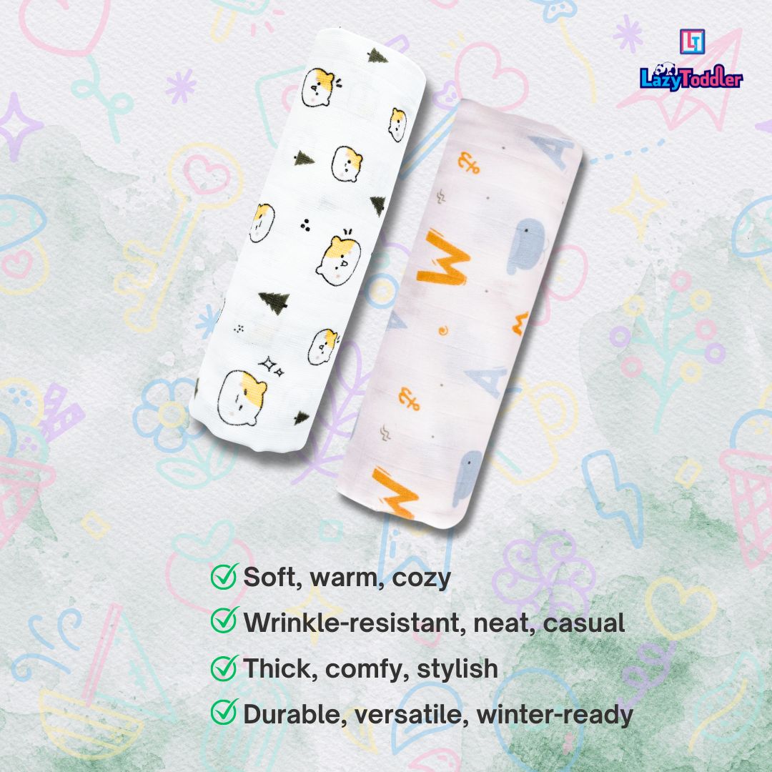 Lazytoddler Muslin Swaddle Printed Design (Teddy & Alphabet) Set of 2