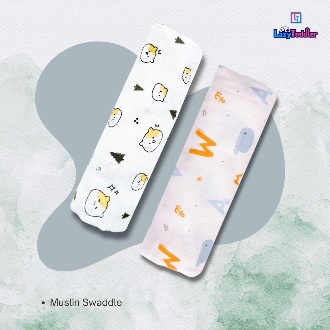 Lazytoddler Muslin Swaddle Printed Design (Teddy & Alphabet) Set of 2
