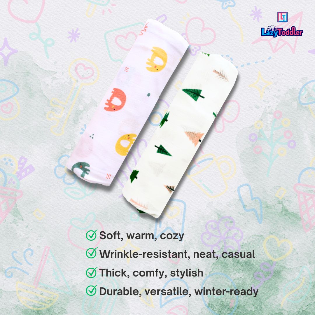 Lazytoddler Muslin Swaddle Printed Design (Tree & Elephant) Set of 2