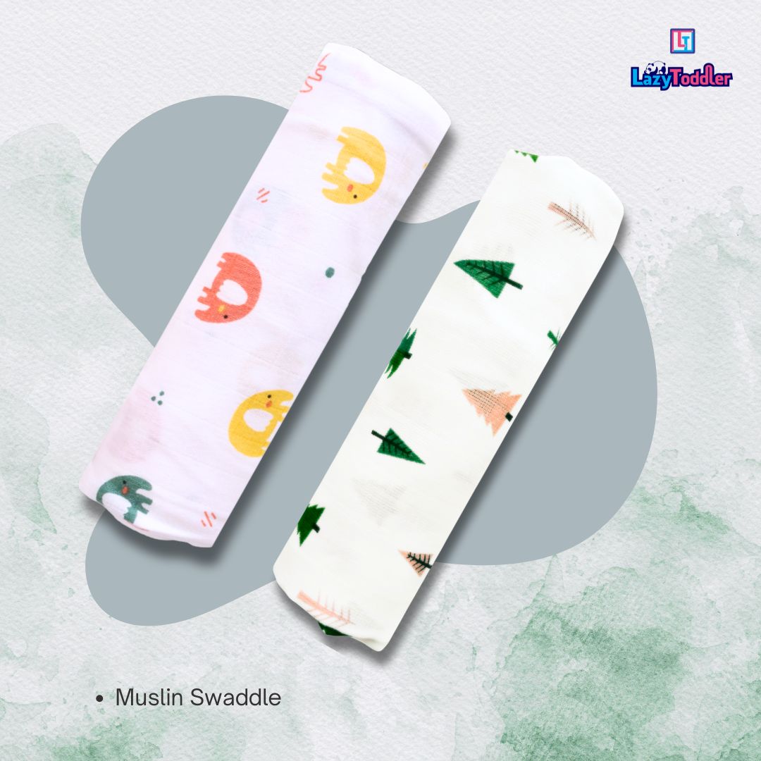 Lazytoddler Muslin Swaddle Printed Design (Tree & Elephant) Set of 2