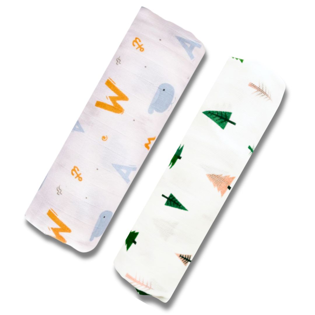 Lazytoddler Muslin Swaddle Printed Design (Tree & Alphabet) Set of 2