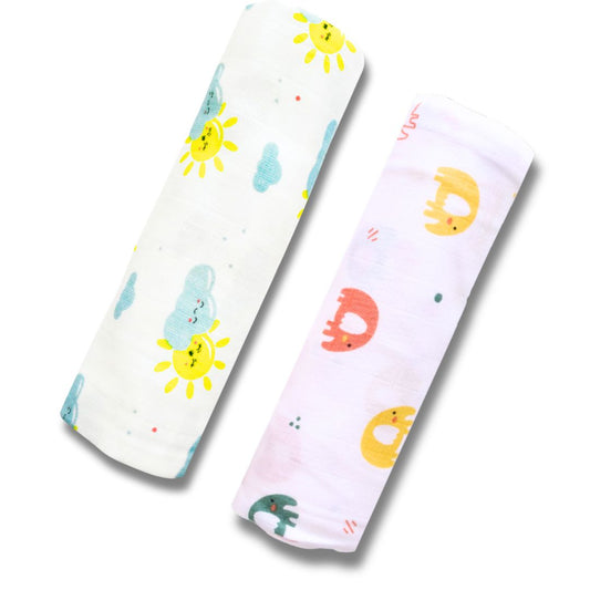 Lazytoddler Muslin Swaddle Printed Design (Sun & Elephant)  Set of 2