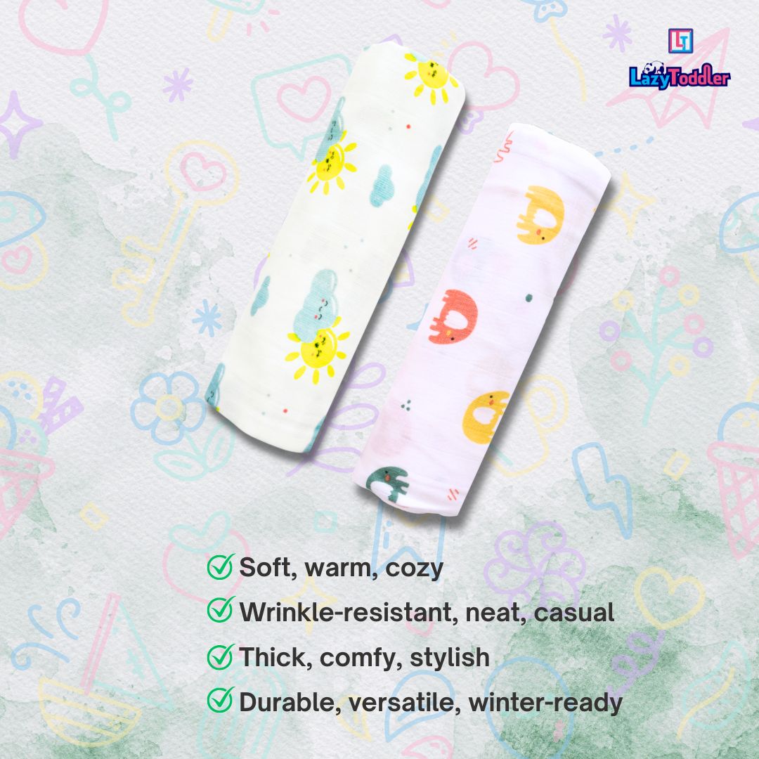 Lazytoddler Muslin Swaddle Printed Design (Sun & Elephant) Set of 2