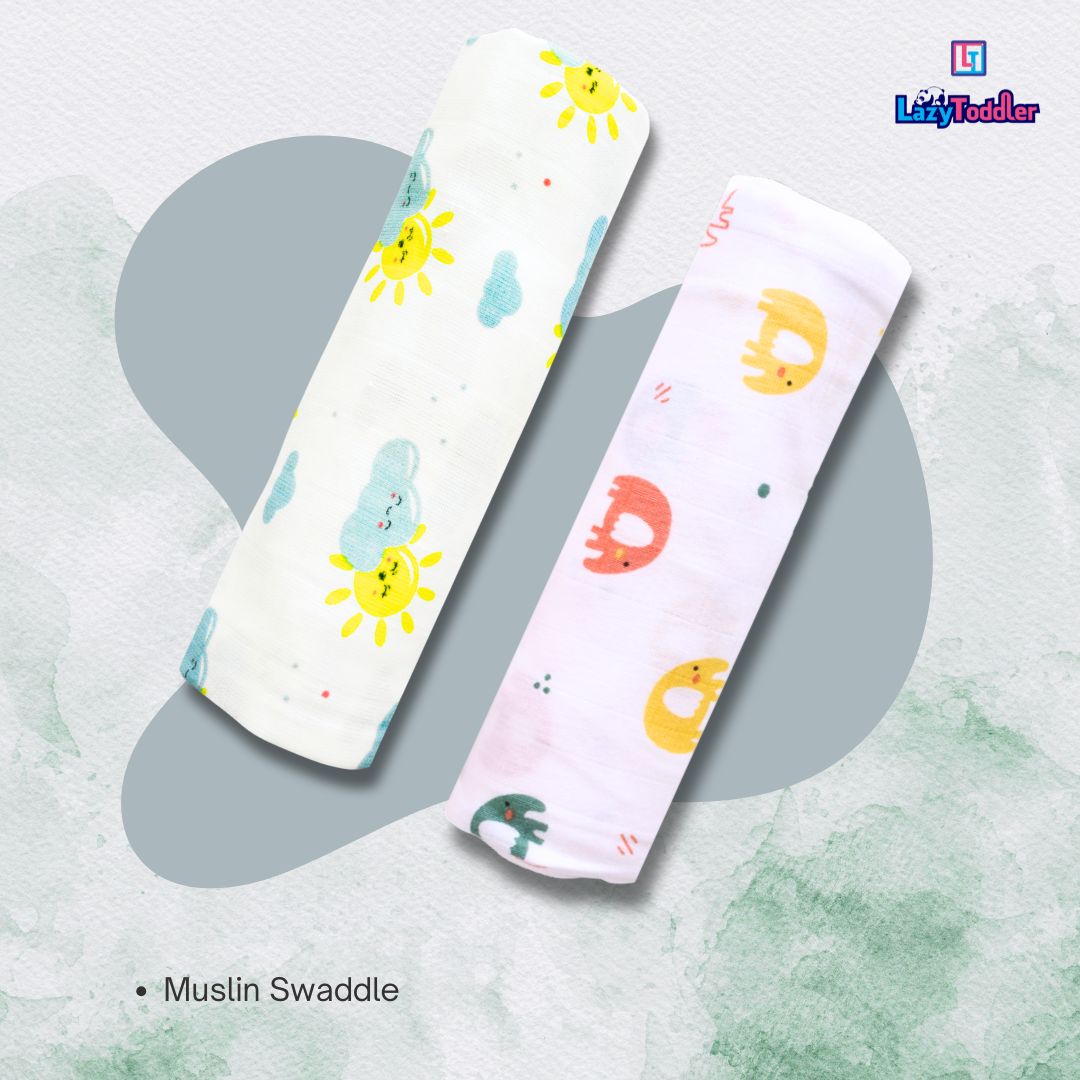 Lazytoddler Muslin Swaddle Printed Design (Sun & Elephant) Set of 2