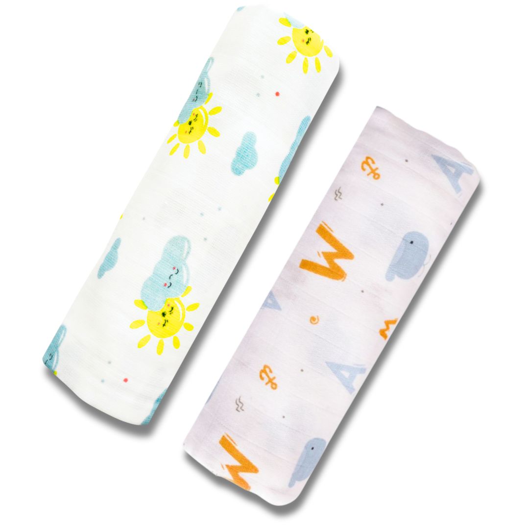 Lazytoddler Muslin Swaddle Printed Design (Elephant & Alphabet) Set of 2