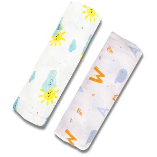 Lazytoddler Muslin Swaddle Printed Design (Elephant & Alphabet)  Set of 2
