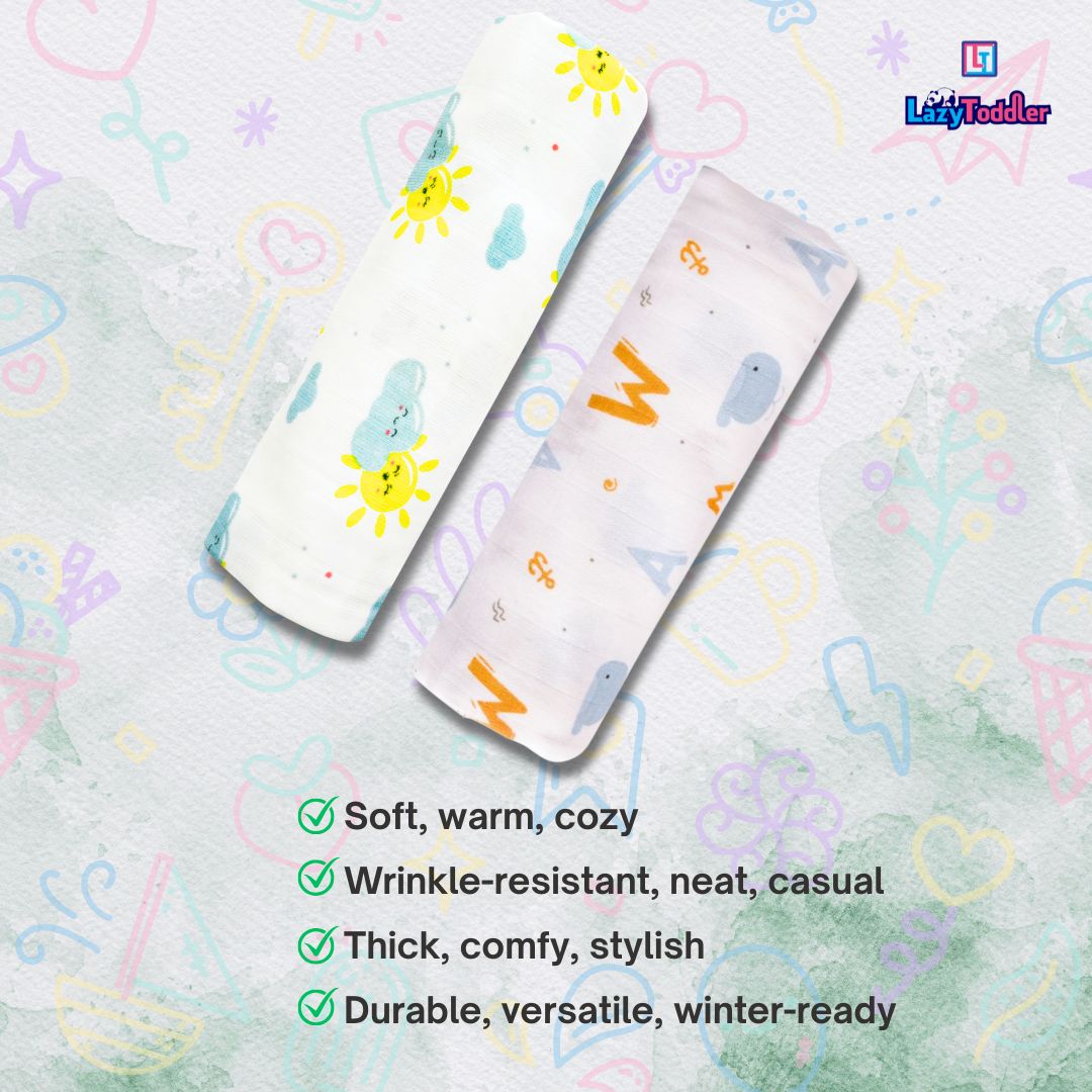 Lazytoddler Muslin Swaddle Printed Design (Elephant & Alphabet) Set of 2