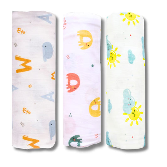 Lazytoddler Muslin Swaddle (Sun , Elephant , Alphabet) – Set of 3