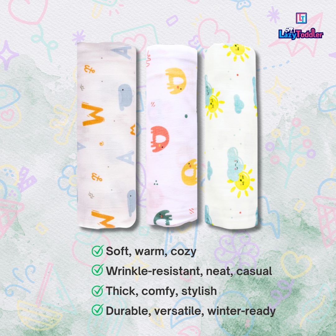 Lazytoddler Muslin Swaddle (Sun , Elephant , Alphabet) – Set of 3