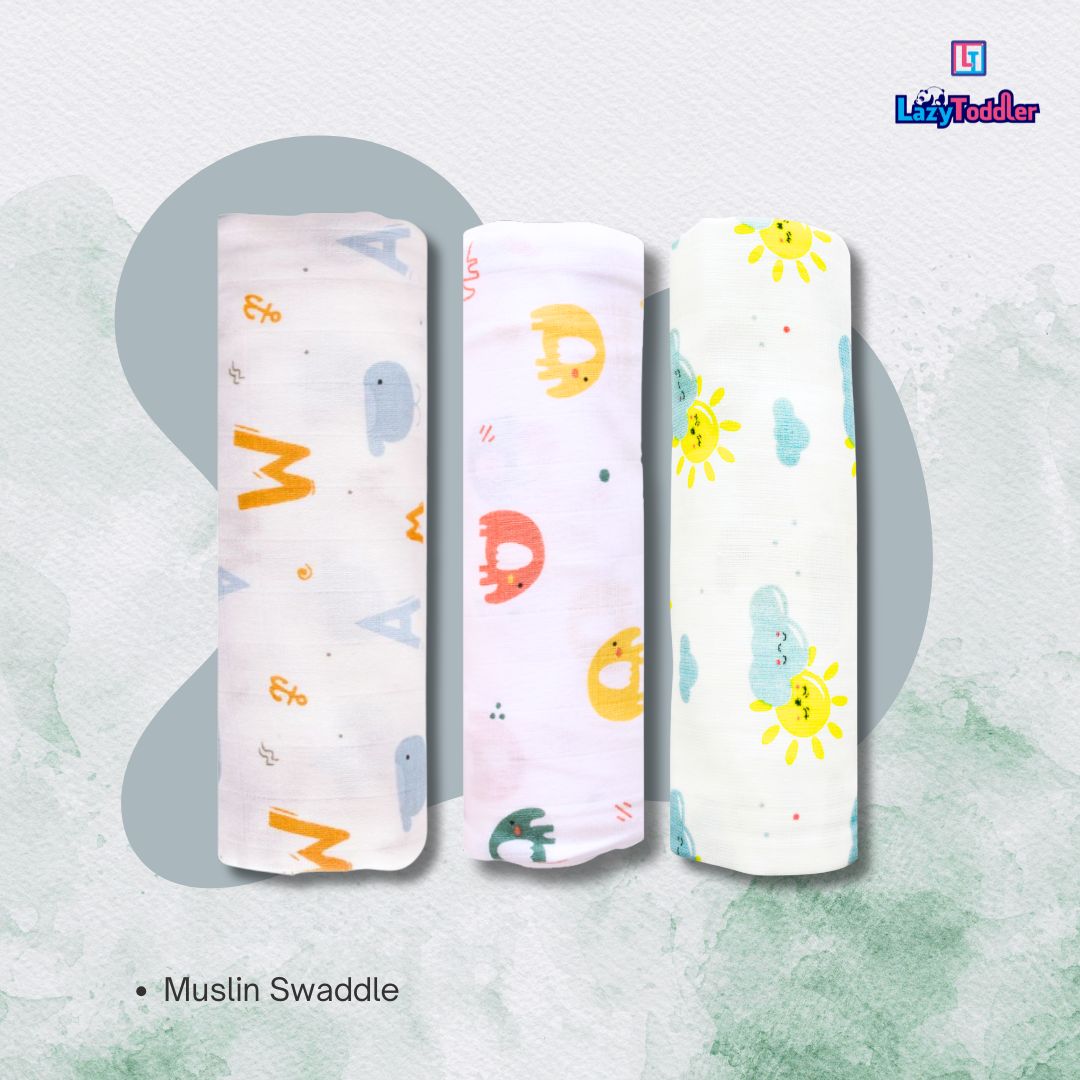 Lazytoddler Muslin Swaddle (Sun , Elephant , Alphabet) – Set of 3