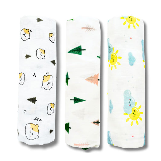Lazytoddler Muslin Swaddle (Teddy , Tree , Sun) – Set of 3