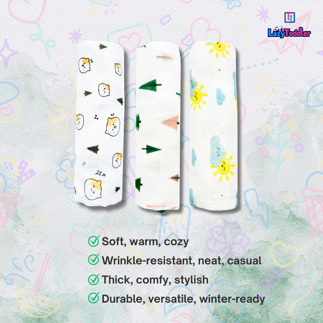 Lazytoddler Muslin Swaddle (Teddy , Tree , Sun) – Set of 3