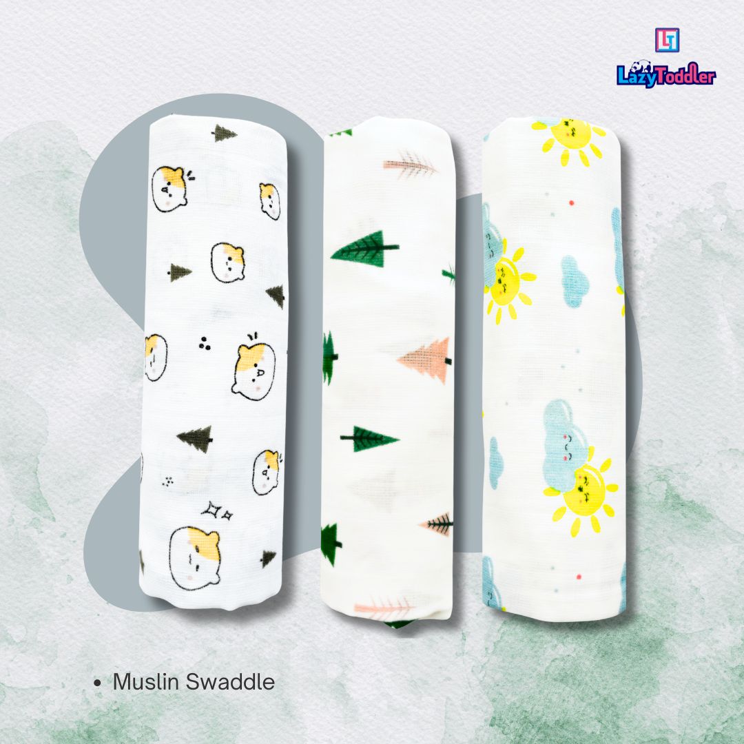 Lazytoddler Muslin Swaddle (Teddy , Tree , Sun) – Set of 3