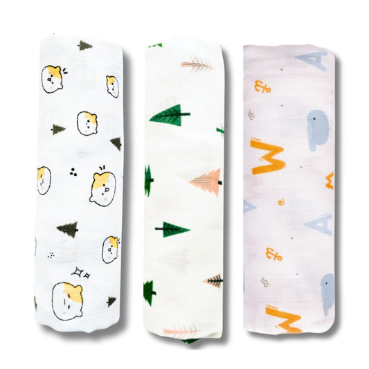 Lazytoddler Muslin Swaddle (Teddy , Tree , Alphabet) – Set of 3