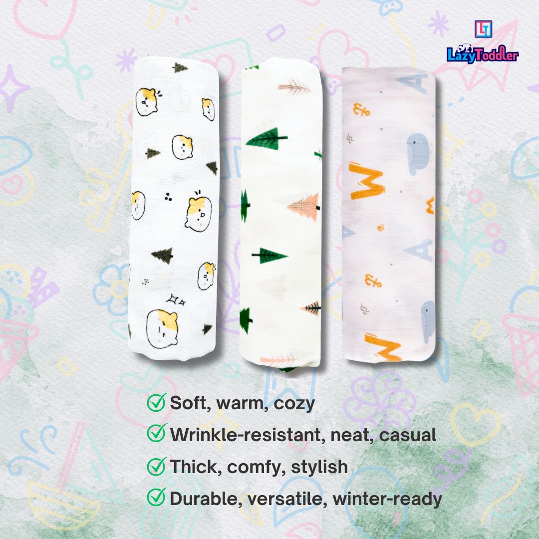 Lazytoddler Muslin Swaddle (Teddy , Tree , Alphabet) – Set of 3