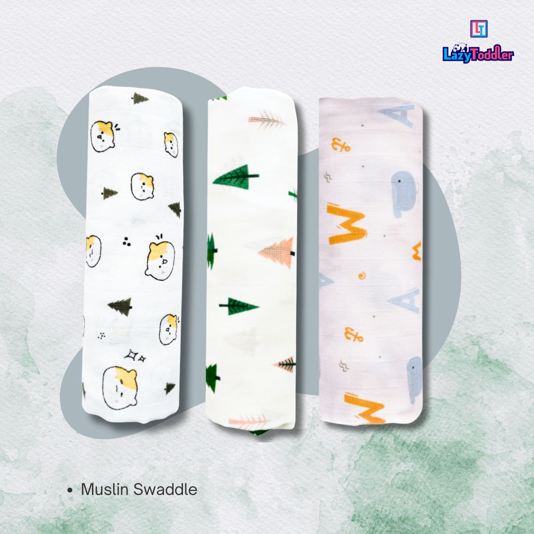 Lazytoddler Muslin Swaddle (Teddy , Tree , Alphabet) – Set of 3