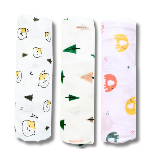 Lazytoddler Muslin Swaddle (Teddy , Tree , Elephant) – Set of 3