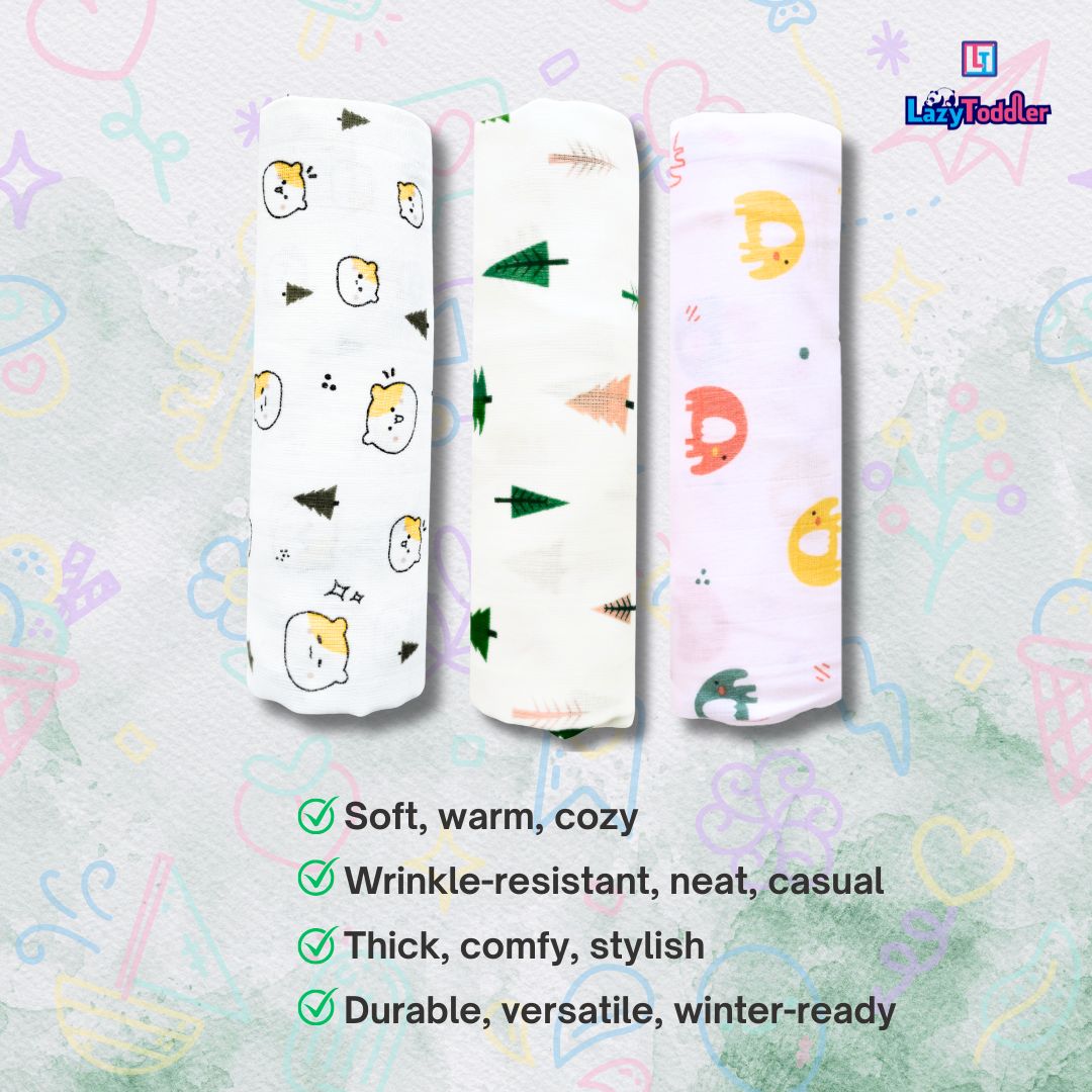 Lazytoddler Muslin Swaddle (Teddy , Tree , Elephant) – Set of 3