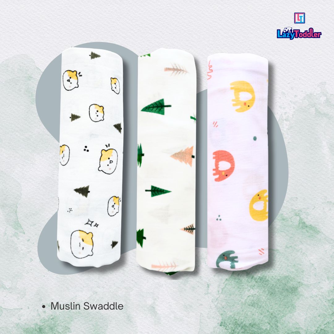 Lazytoddler Muslin Swaddle (Teddy , Tree , Elephant) – Set of 3