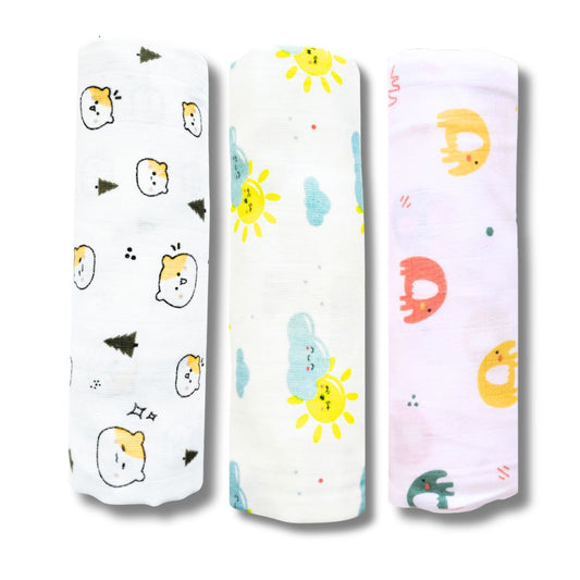Lazytoddler Muslin Swaddle (Teddy , Sun , Elephant) – Set of 3