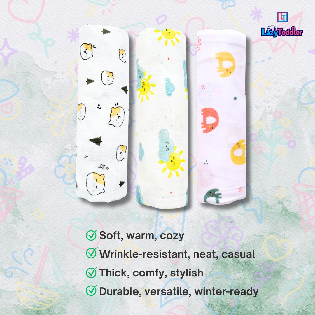 Lazytoddler Muslin Swaddle (Teddy , Sun , Elephant) – Set of 3