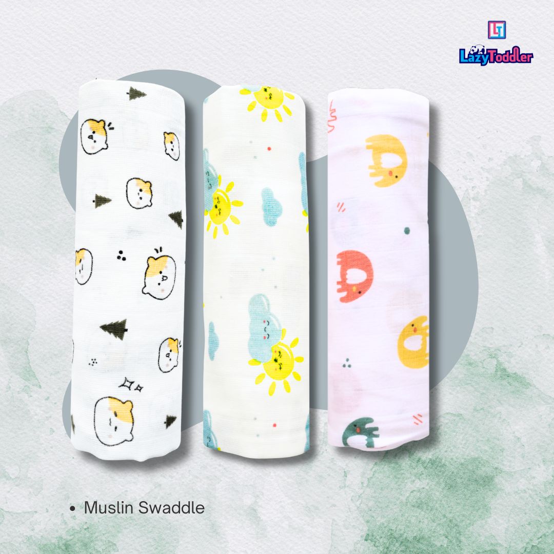 Lazytoddler Muslin Swaddle (Teddy , Sun , Elephant) – Set of 3