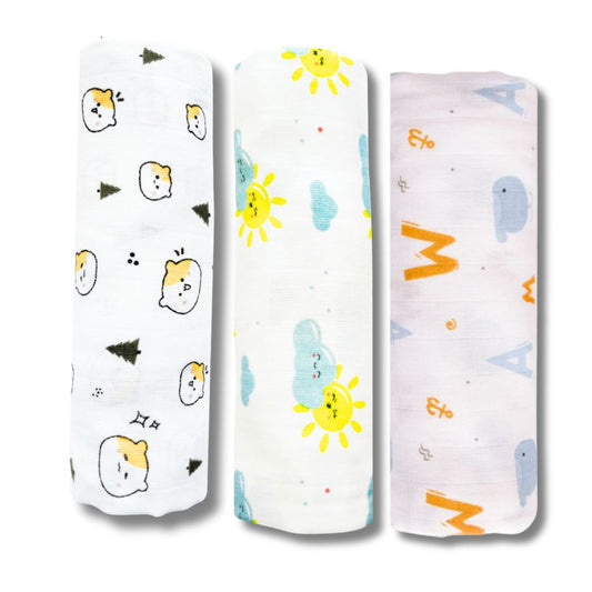 Lazytoddler Muslin Swaddle (Teddy , Sun , Alphabet) – Set of 3
