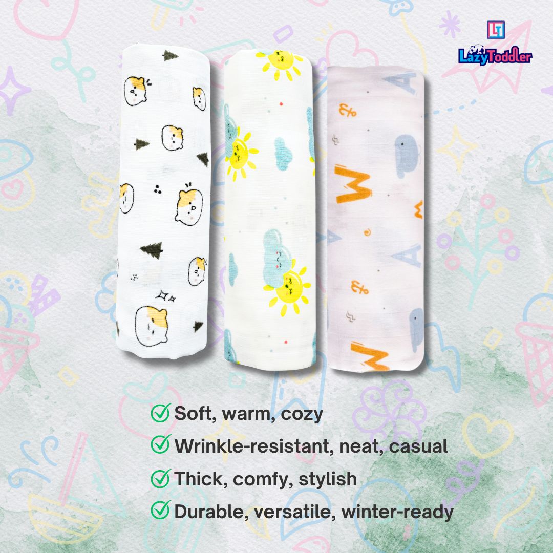 Lazytoddler Muslin Swaddle (Teddy , Sun , Alphabet) – Set of 3