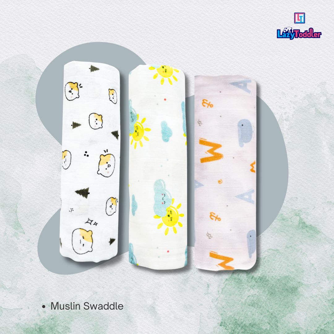 Lazytoddler Muslin Swaddle (Teddy , Sun , Alphabet) – Set of 3