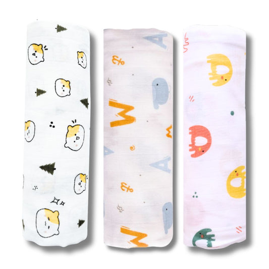 Lazytoddler Muslin Swaddle (Teddy , Elephant , Alphabet) – Set of 3