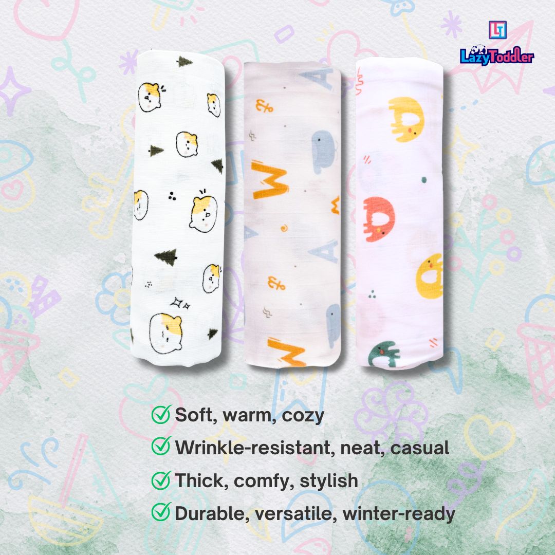 Lazytoddler Muslin Swaddle (Teddy , Elephant , Alphabet) – Set of 3