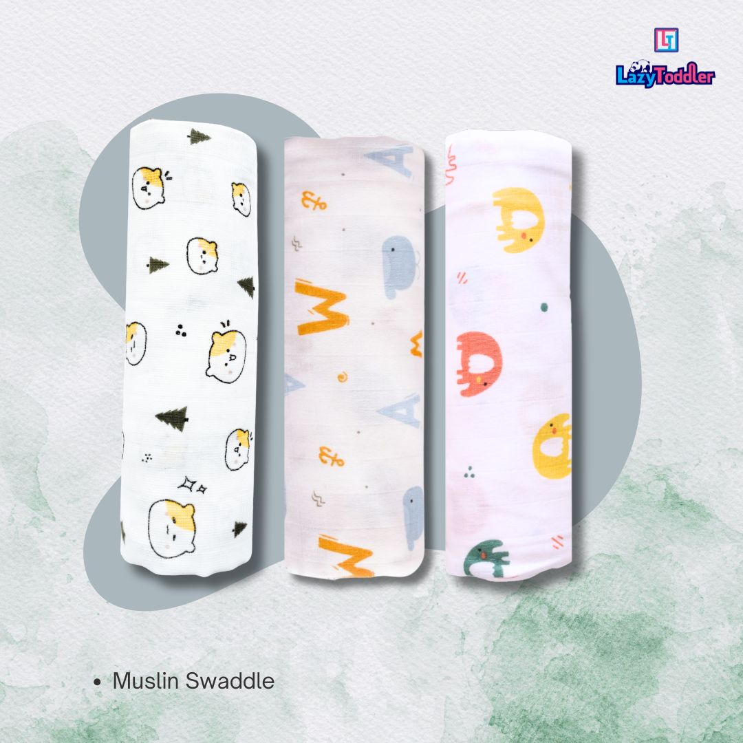Lazytoddler Muslin Swaddle (Teddy , Elephant , Alphabet) – Set of 3