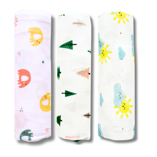 Lazytoddler Muslin Swaddle (Tree , Sun , Elephant) – Set of 3