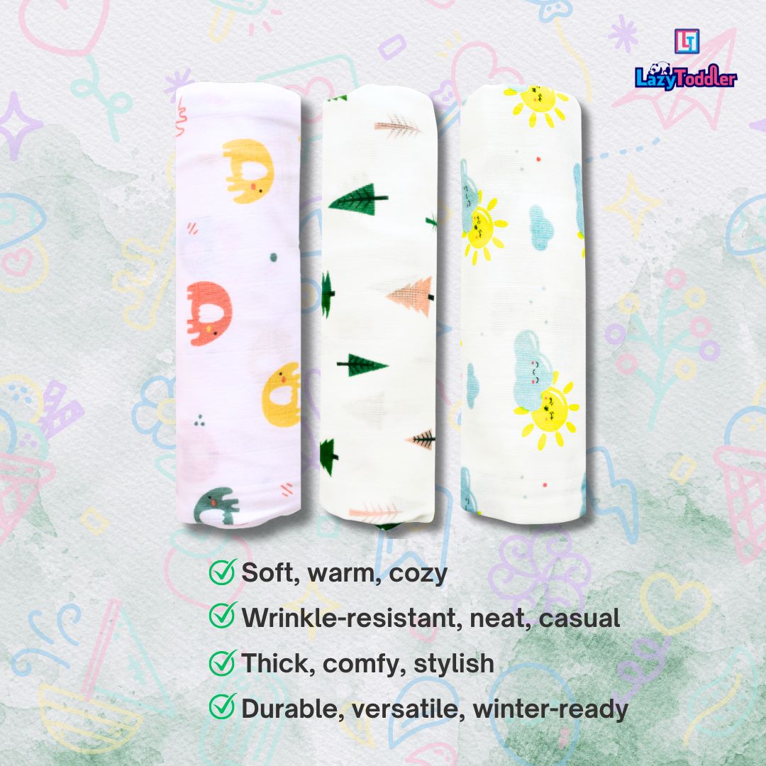 Lazytoddler Muslin Swaddle (Tree , Sun , Elephant) – Set of 3