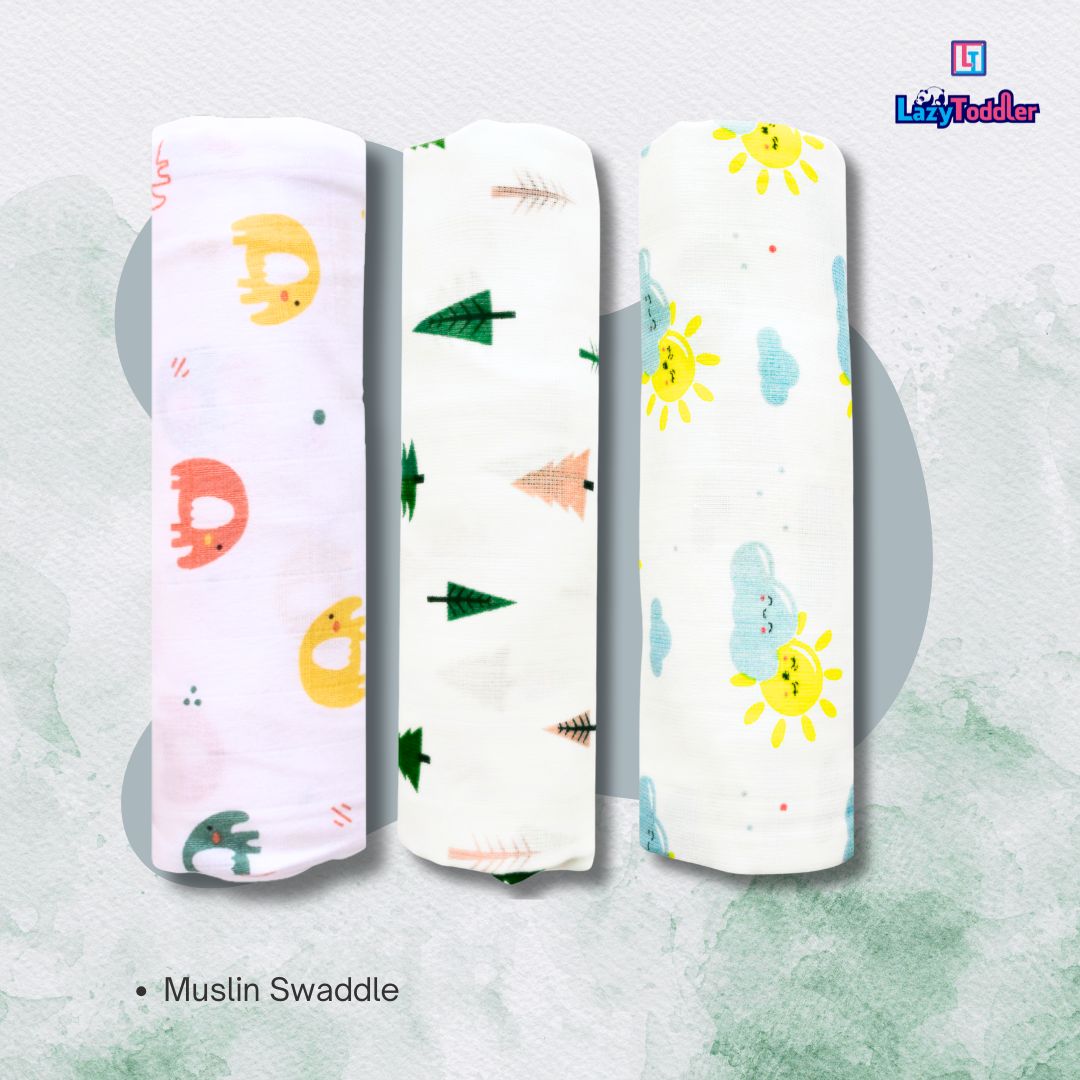 Lazytoddler Muslin Swaddle (Tree , Sun , Elephant) – Set of 3