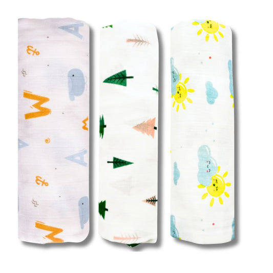 Lazytoddler Muslin Swaddle (Tree , Sun , Alphabet) – Set of 3