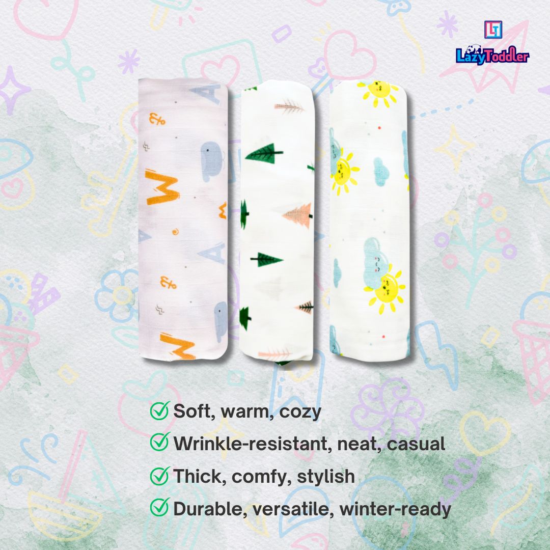 Lazytoddler Muslin Swaddle (Tree , Sun , Alphabet) – Set of 3