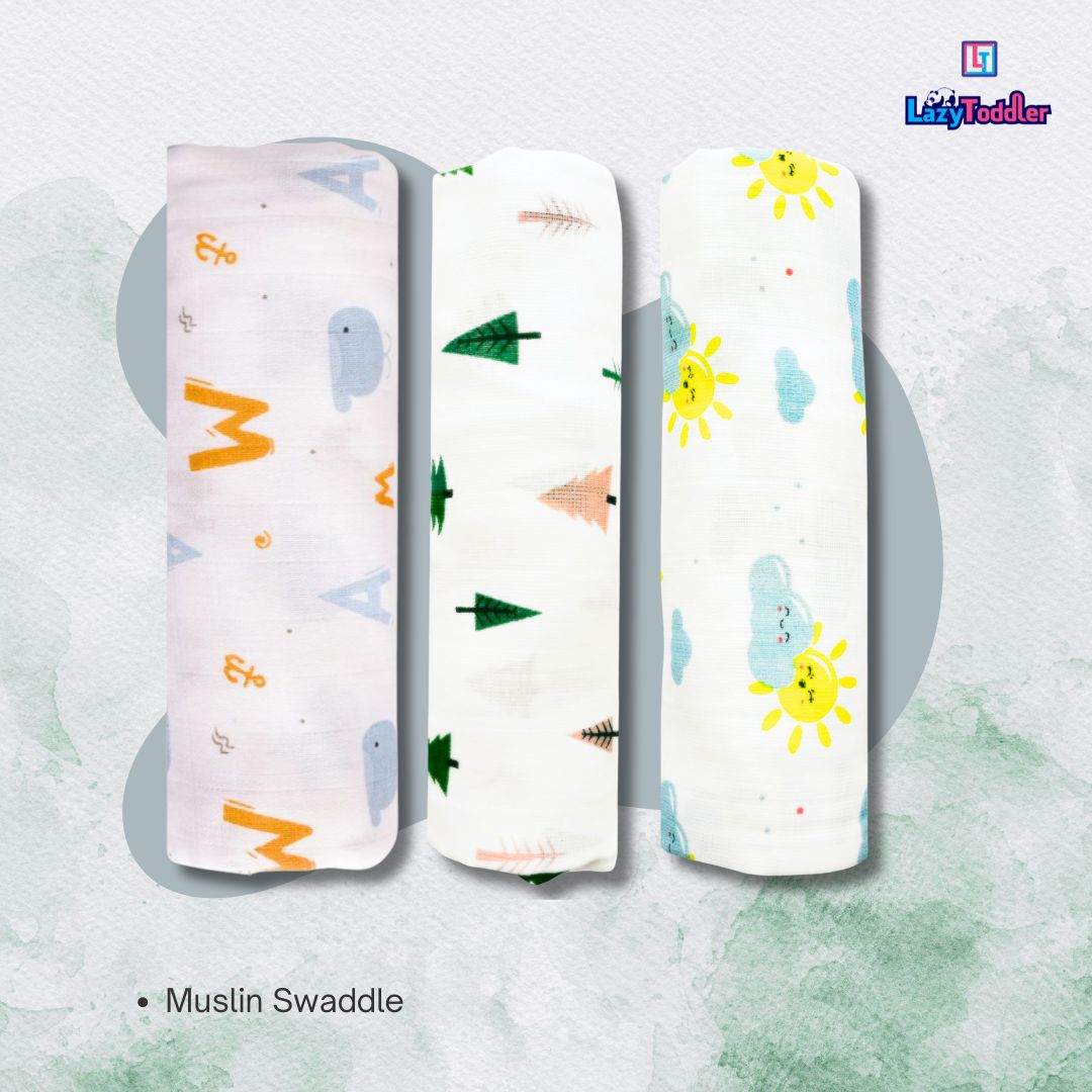 Lazytoddler Muslin Swaddle (Tree , Sun , Alphabet) – Set of 3