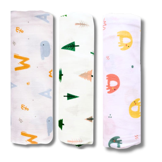 Lazytoddler Muslin Swaddle (Tree , Elephant , Alphabet) – Set of 3