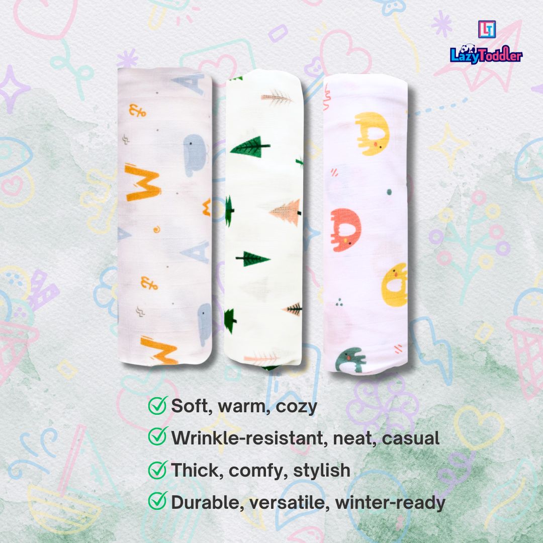 Lazytoddler Muslin Swaddle (Tree , Elephant , Alphabet) – Set of 3