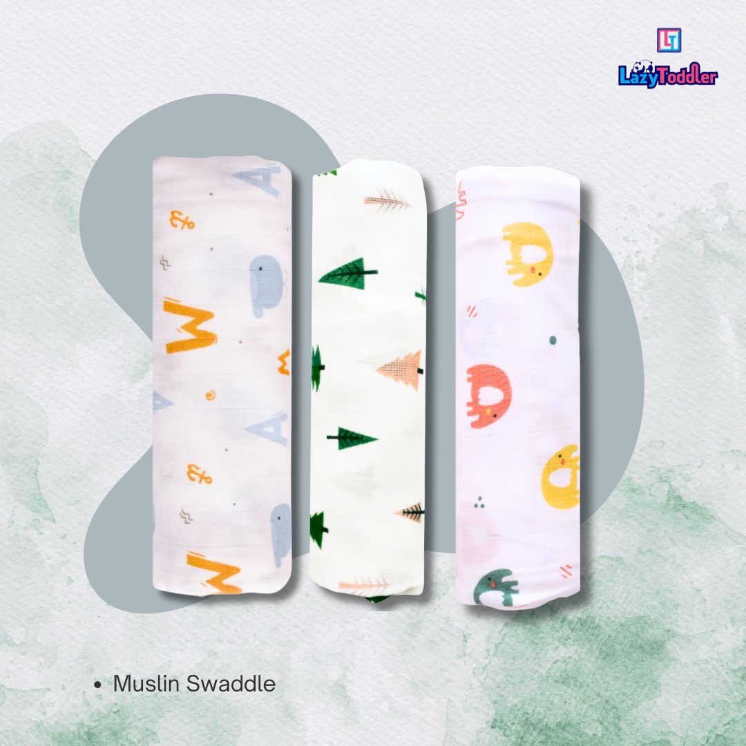 Lazytoddler Muslin Swaddle (Tree , Elephant , Alphabet) – Set of 3