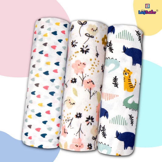 Flannel Swaddle Set of 3 - Heart - Flower - Rhino