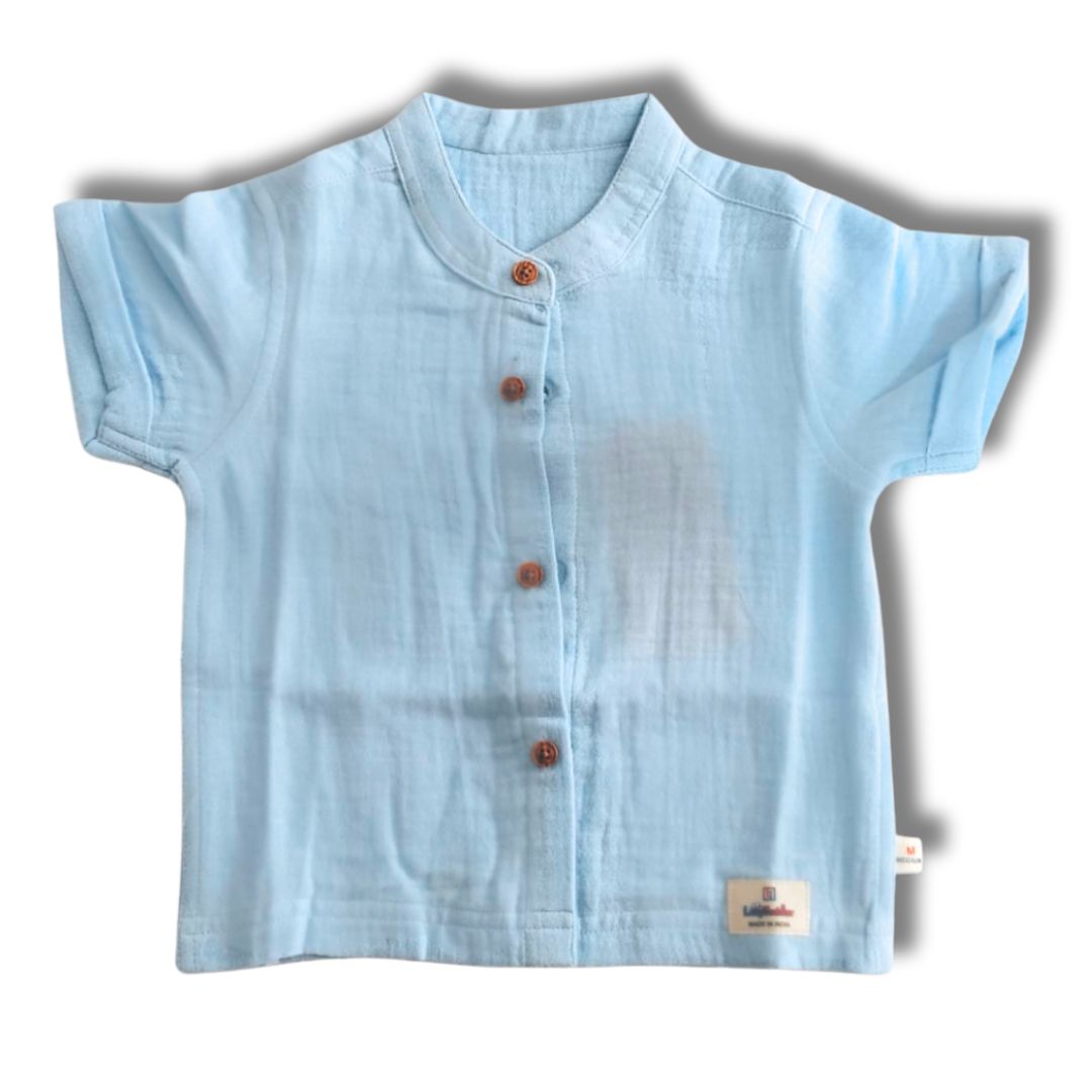 LazyToddler Crinkle Muslin Half Shirt – Soft & Breathable Cotton (Pastel Blue)