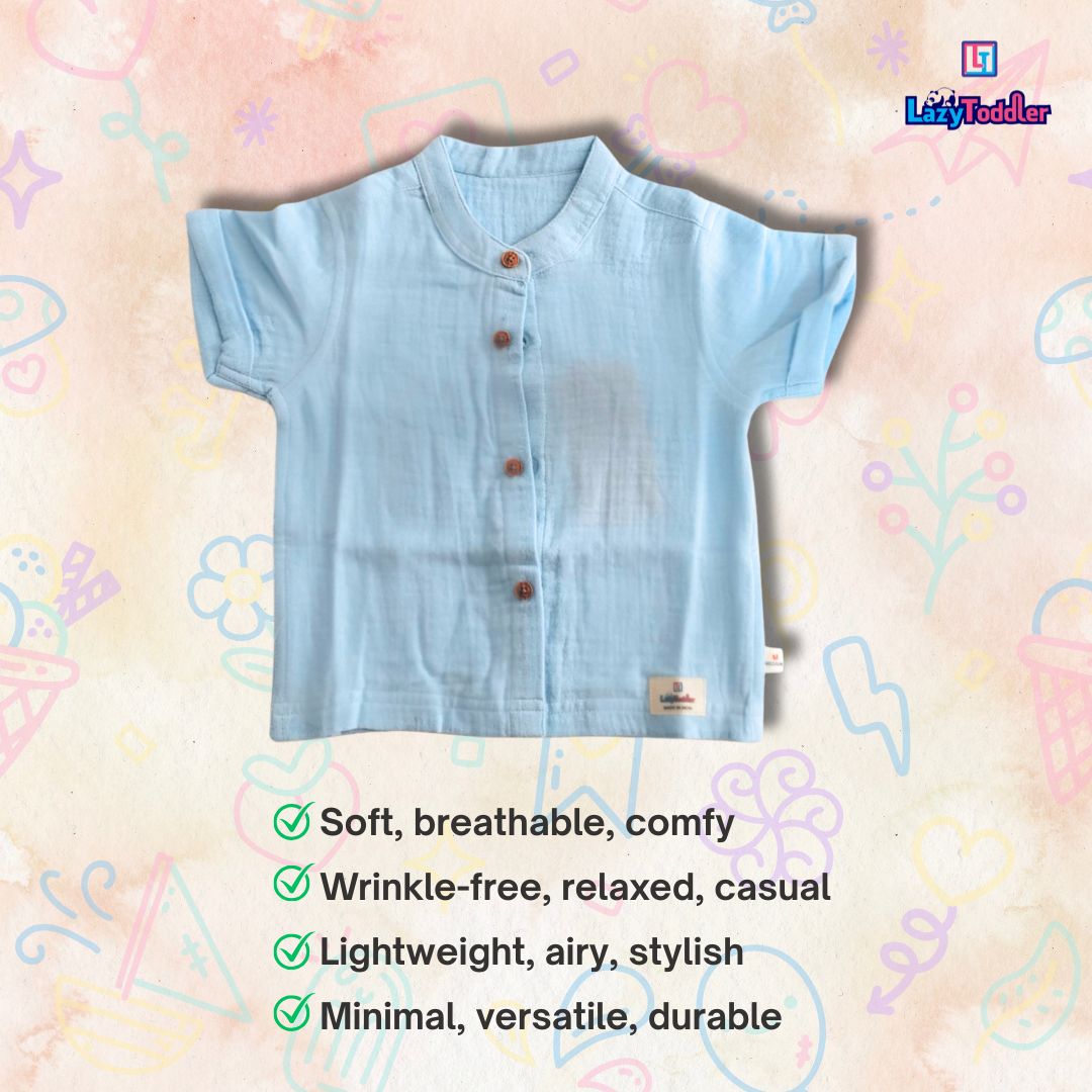 LazyToddler Crinkle Muslin Half Shirt – Soft & Breathable Cotton (Pastel Blue)