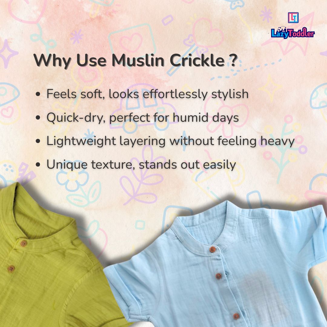 LazyToddler Crinkle Muslin Half Shirt – Soft & Breathable Cotton (Pastel Blue)