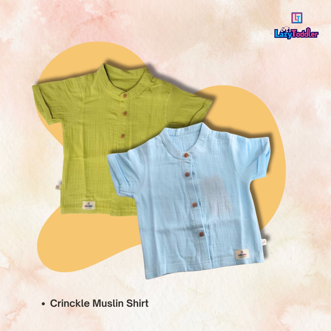 LazyToddler Crinkle Muslin Half Shirt – Soft & Breathable Cotton (Pastel Blue)